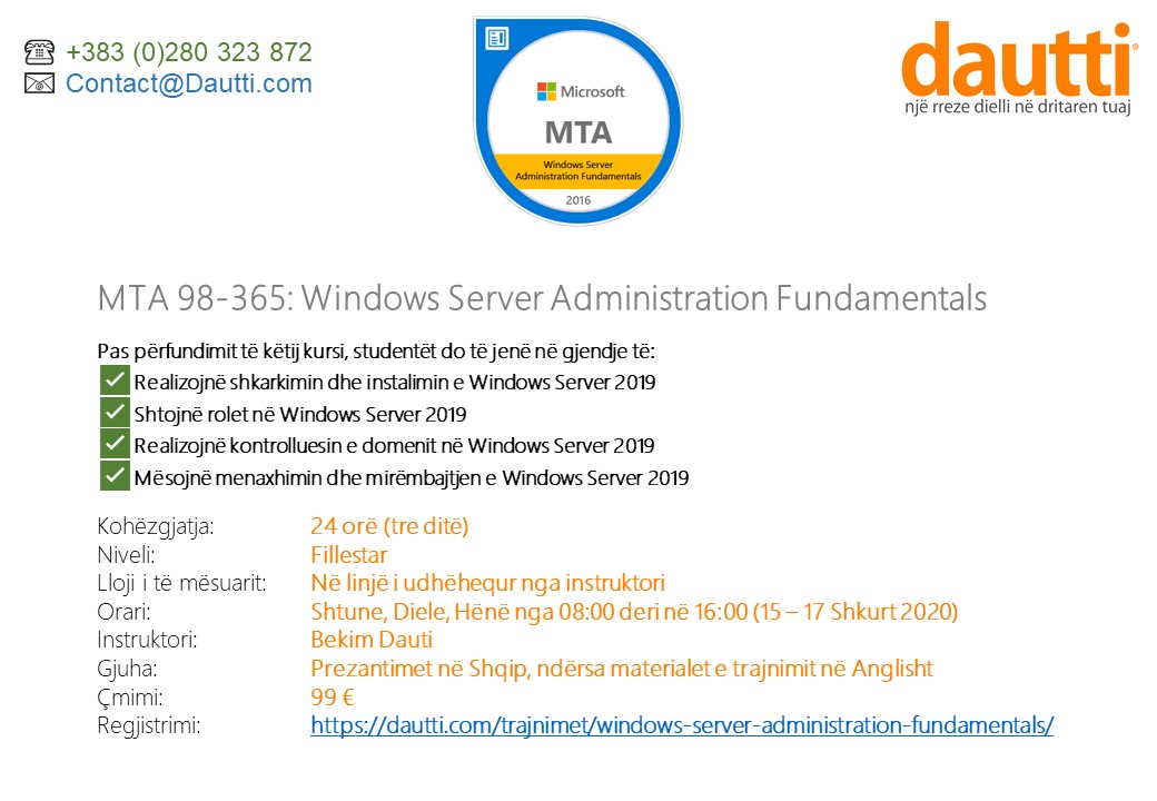 Trajnimi: Windows Server Administration Fundamentals