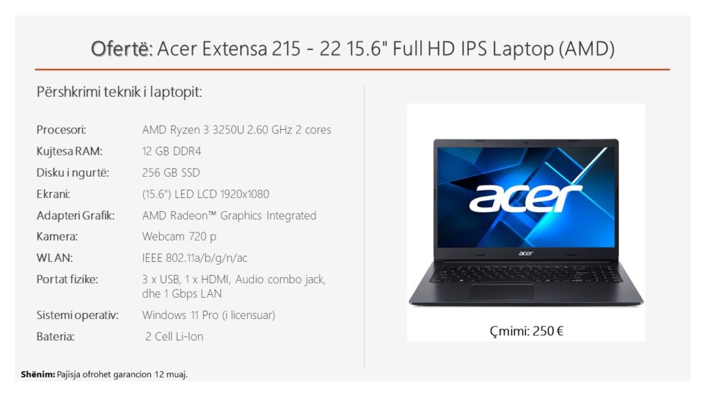 Ofertë: Acer Extensa 215-22 me AMD Ryzen 3 për vetëm 250 €
