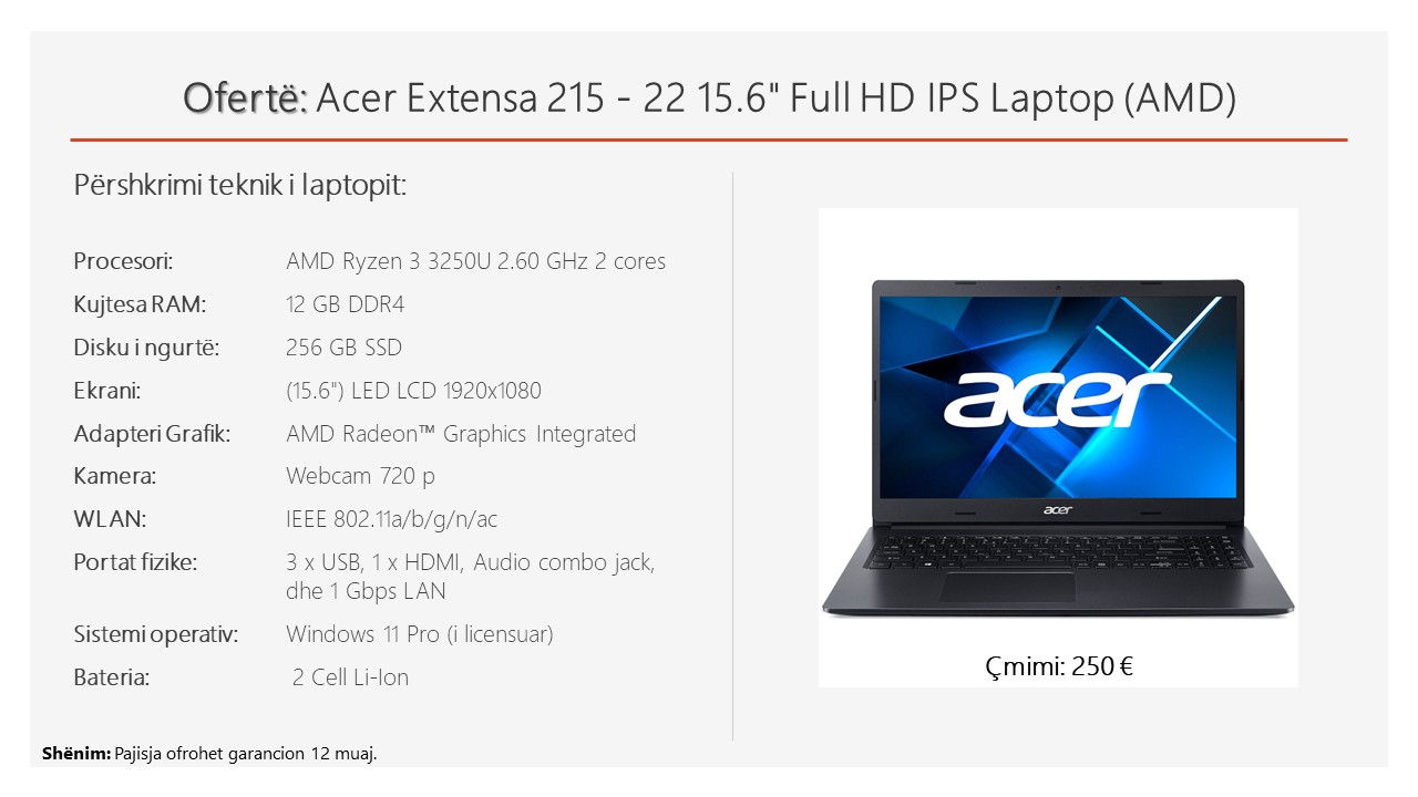 Ofertë: Acer Extensa 215-22 me AMD Ryzen 3 për vetëm 250 €